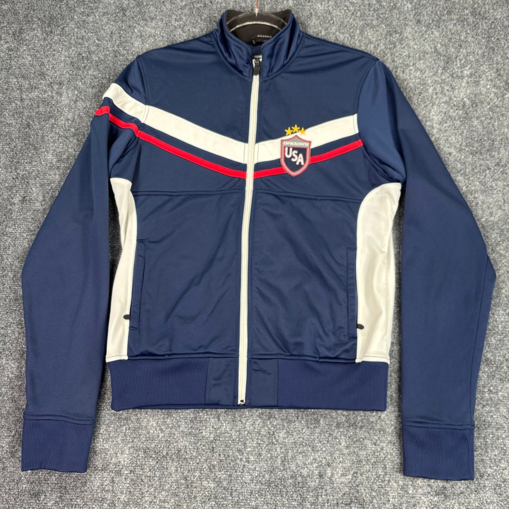 Brooks USA Track Jacket Women Large Navy Blue White Red Full Zip Equilibrium